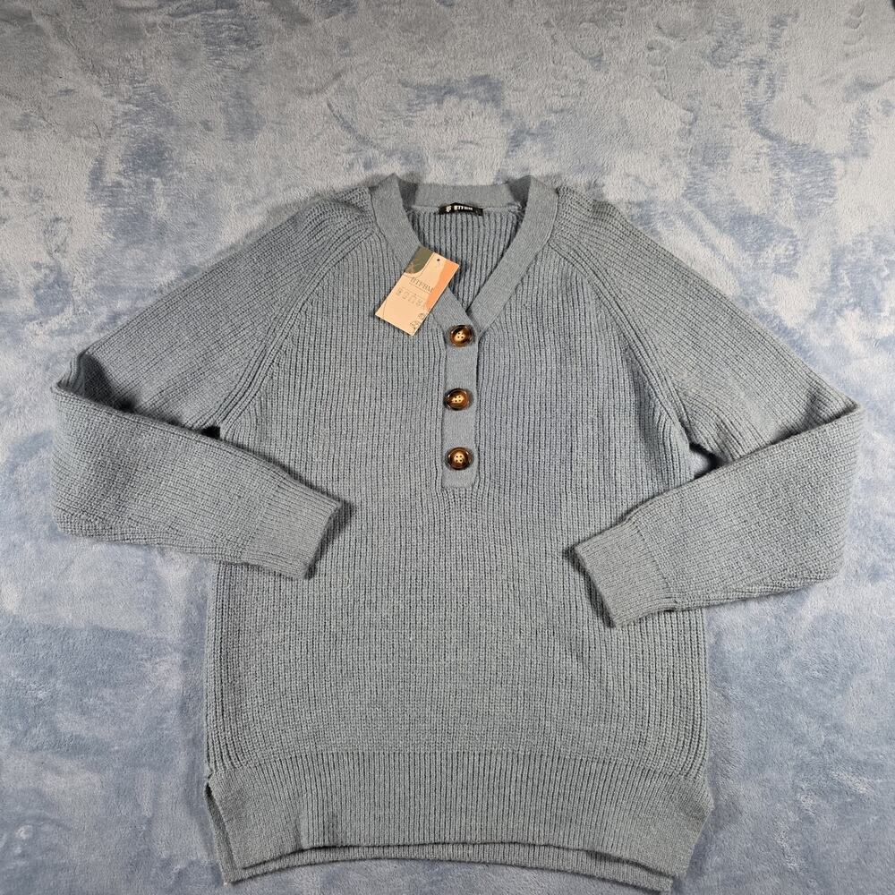 BTFBM Women’s Large Blue Gray Henley V-Neck Knit Pullover Sweater NWT